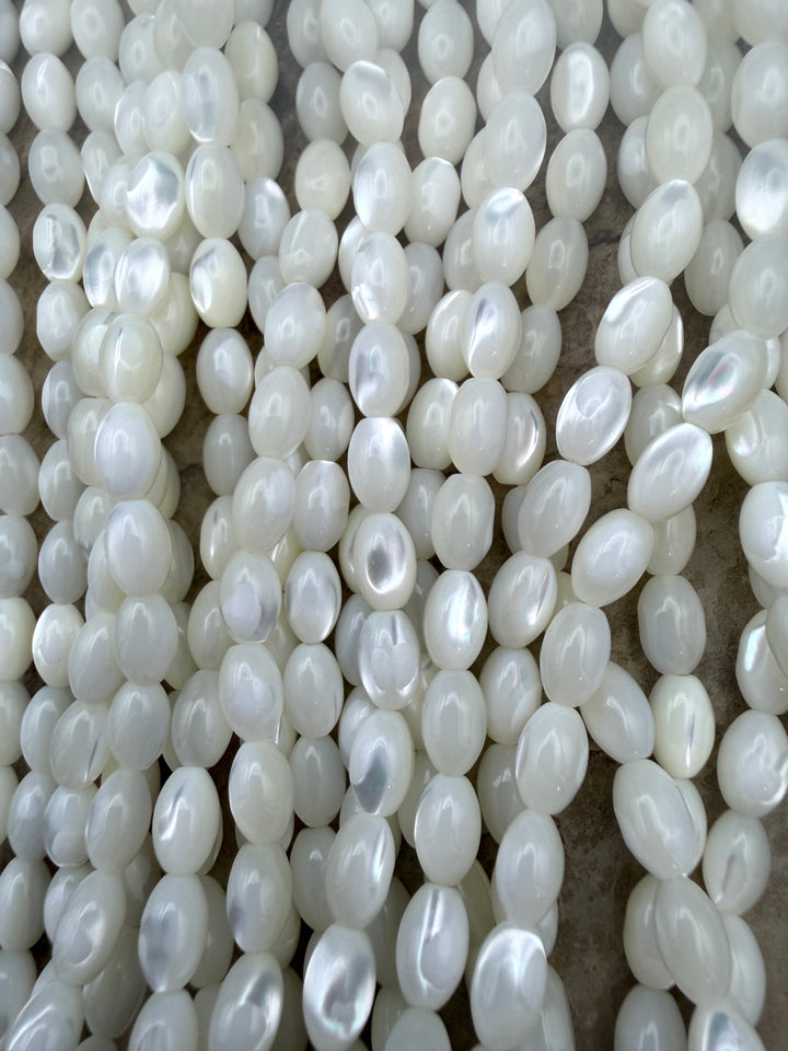 White Mother Of Pearl Rice Beads 6x9mm ONE 16 inch Strand