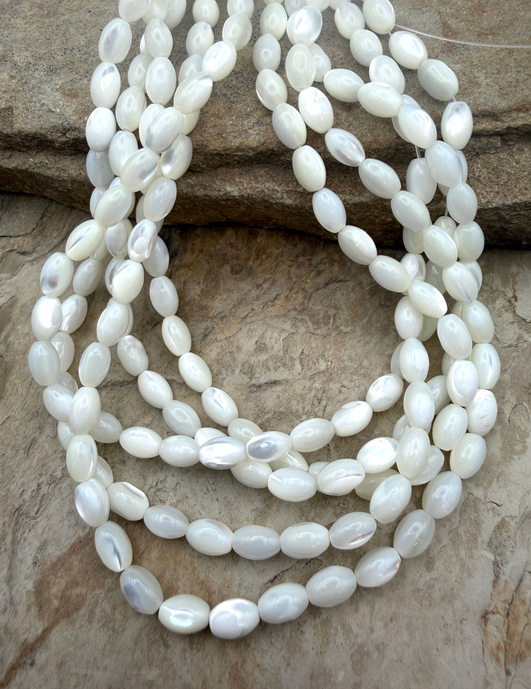 White Mother Of Pearl Rice Beads 6x9mm ONE 16 inch Strand
